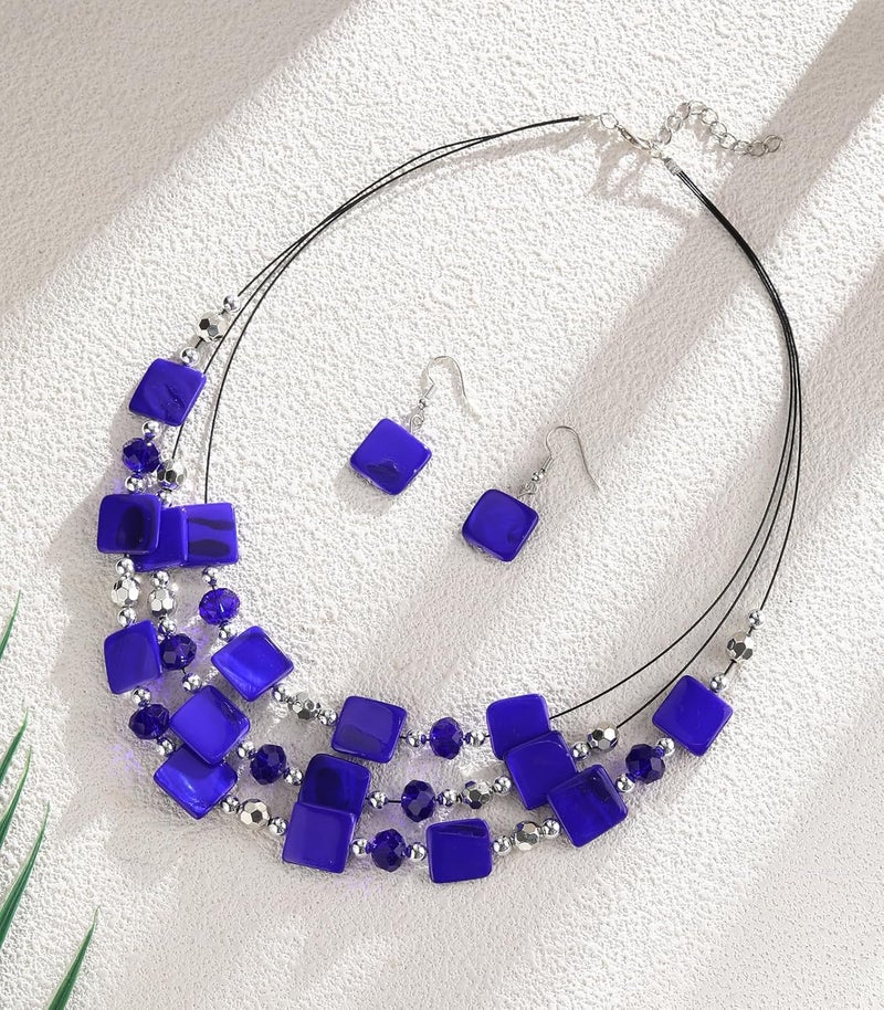 Errally Store Layered Beaded Statement Necklaces for Women Square Shell Bead Collar Necklace and Earring Set Birthday Gifts Boho Jewelry Sets for Women - Image 2